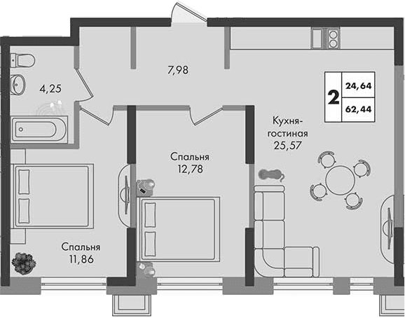 Продается 2-комн. квартира, 62.44 м²