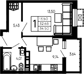 Продается 1-комн. квартира, 32.68 м²