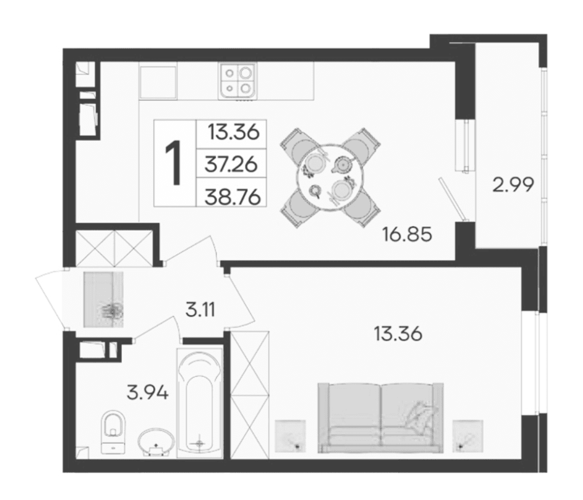 Продается 1-комн. квартира, 37.26 м²