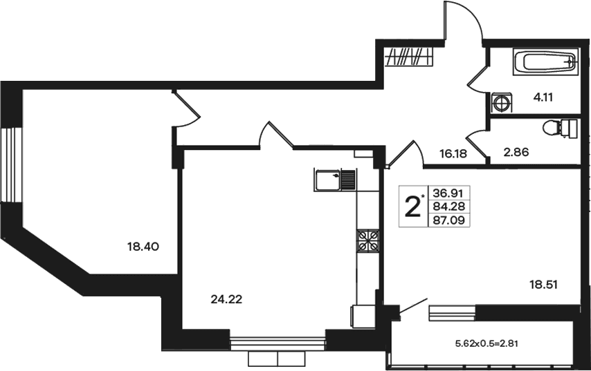Продается 2-комн. квартира, 84.28 м²