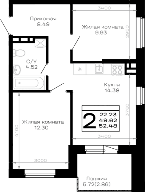Продается 2-комн. квартира, 49.62 м²