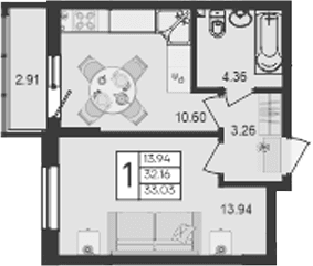 Продается 1-комн. квартира, 32.16 м²