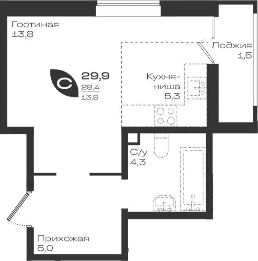 Продается 1-комн. квартира, 28.4 м²