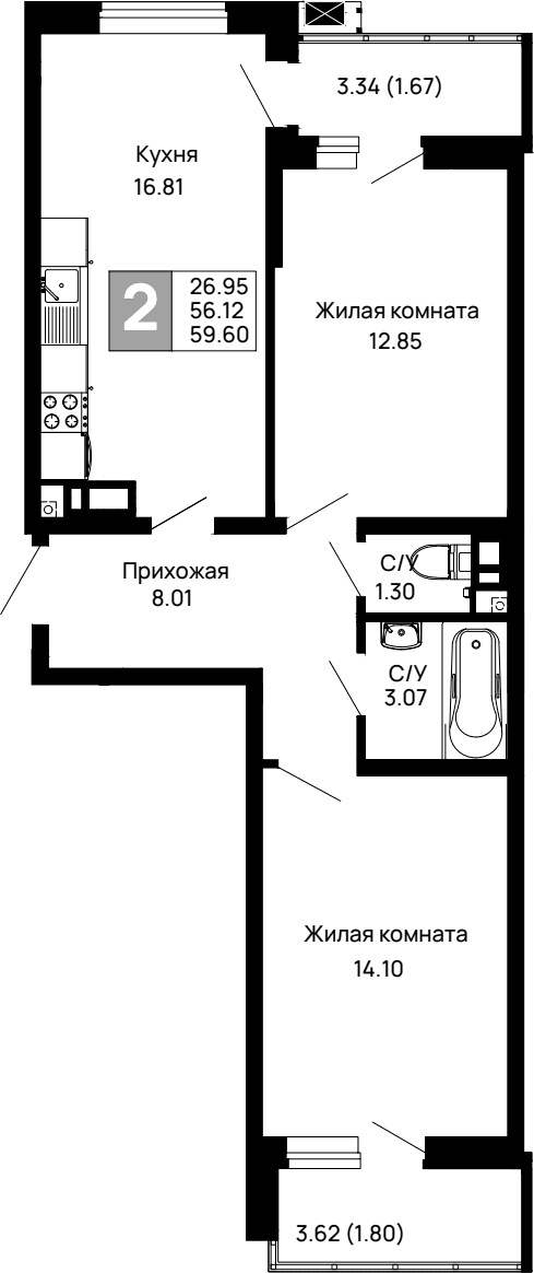 Продается 2-комн. квартира, 56.13 м²