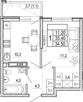 Продается 1-комн. квартира, 33.4 м²