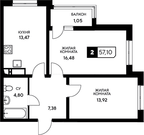 Продается 2-комн. квартира, 56.05 м²