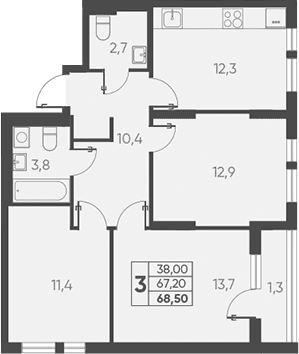 Продается 3-комн. квартира, 68.5 м²
