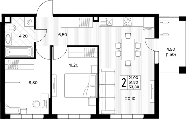 Продается 2-комн. квартира, 51.8 м²