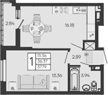 Продается 1-комн. квартира, 36.37 м²