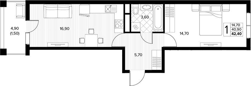 Продается 1-комн. квартира, 40.9 м²