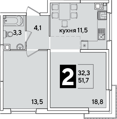 Продается 2-комн. квартира, 51.7 м²
