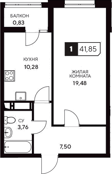 Продается 1-комн. квартира, 41.02 м²