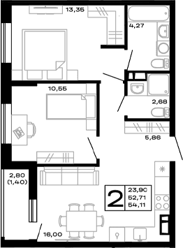 Продается 2-комн. квартира, 52.71 м²