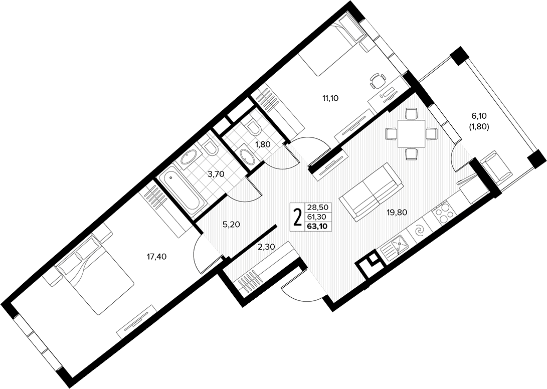 Продается 2-комн. квартира, 61.3 м²