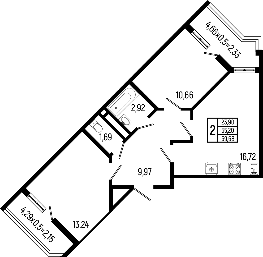 Продается 2-комн. квартира, 55.2 м²