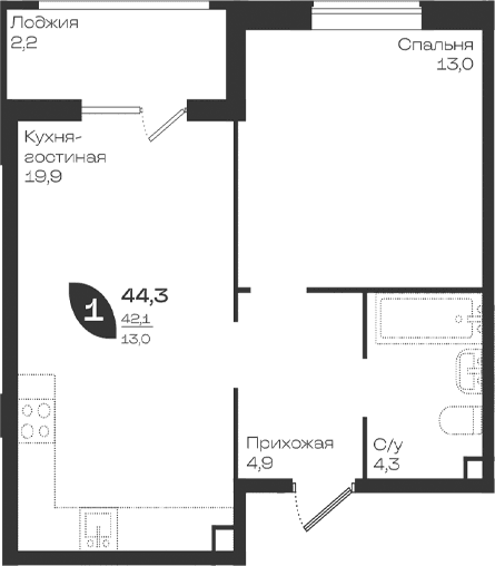 Продается 1-комн. квартира, 42.1 м²