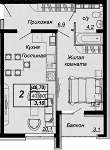 Продается 1-комн. квартира, 42.1 м²