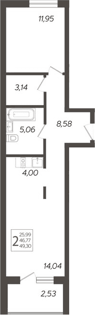 Продается 2-комн. квартира, 46.77 м²