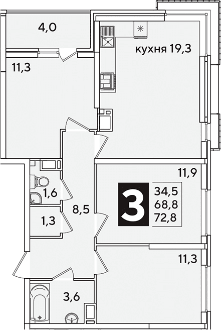 Продается 4-комн. квартира, 68.8 м²