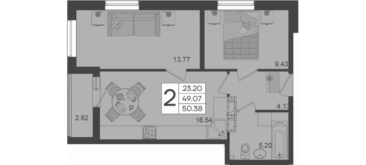 Продается 2-комн. квартира, 49.07 м²