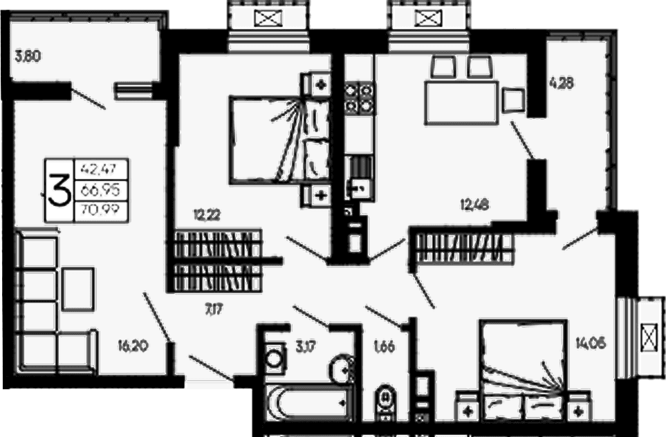 Продается 3-комн. квартира, 66.95 м²