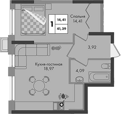 Продается 1-комн. квартира, 41.39 м²