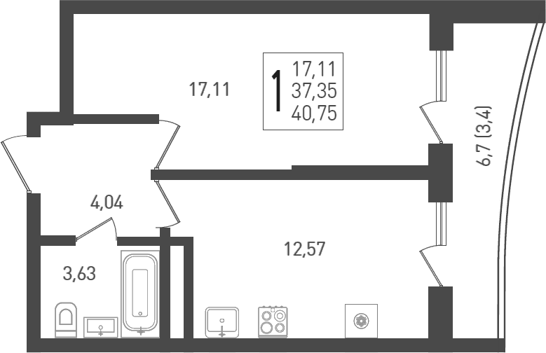 Продается 1-комн. квартира, 39.1 м²