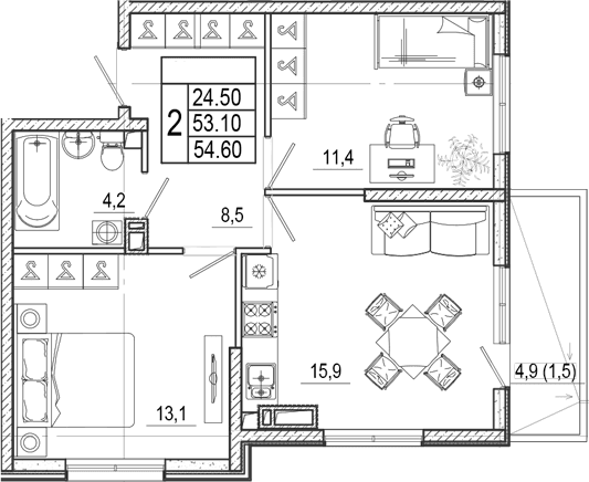 Продается 3-комн. квартира, 53.1 м²