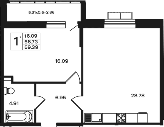 Продается 1-комн. квартира, 56.73 м²