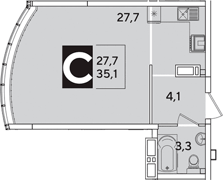 Продается 1-комн. квартира, 35.1 м²