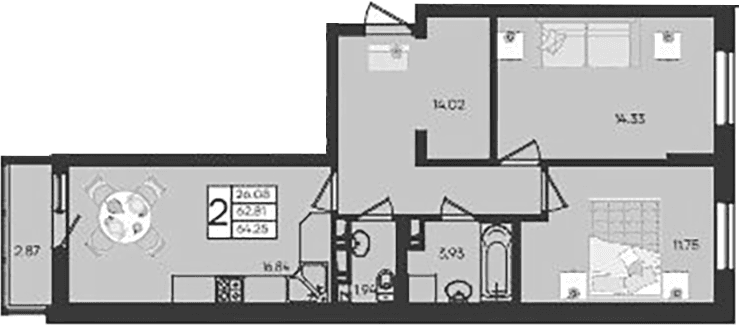 Продается 2-комн. квартира, 62.81 м²