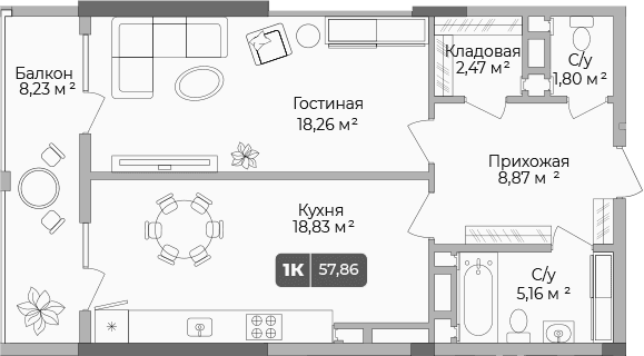 Продается 1-комн. квартира, 55.39 м²
