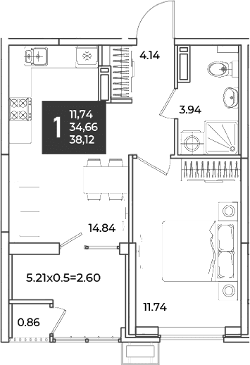 Продается 1-комн. квартира, 34.66 м²