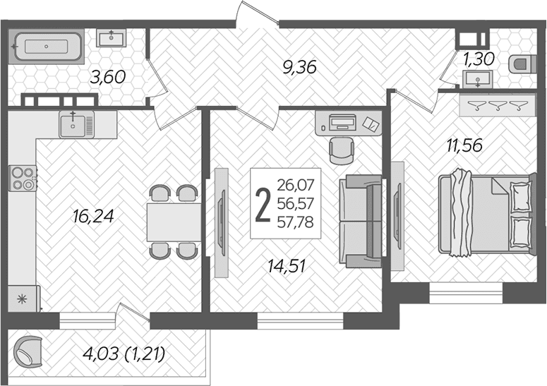 Продается 2-комн. квартира, 56.57 м²