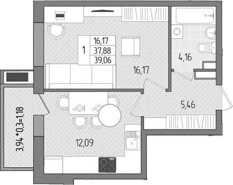 Продается 1-комн. квартира, 37.88 м²