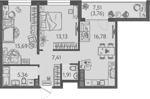 Продается 2-комн. квартира, 58.59 м²