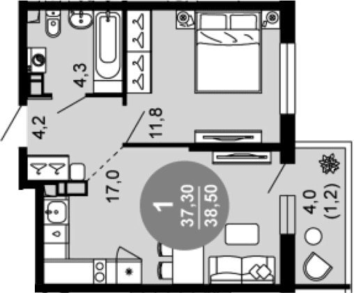 Продается 2-комн. квартира, 37.3 м²