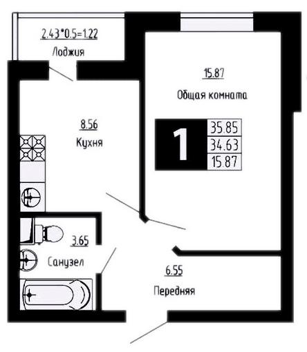 Продается 1-комн. квартира, 34.63 м²