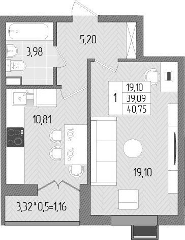 Продается 1-комн. квартира, 39.09 м²