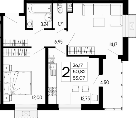 Продается 2-комн. квартира, 50.82 м²