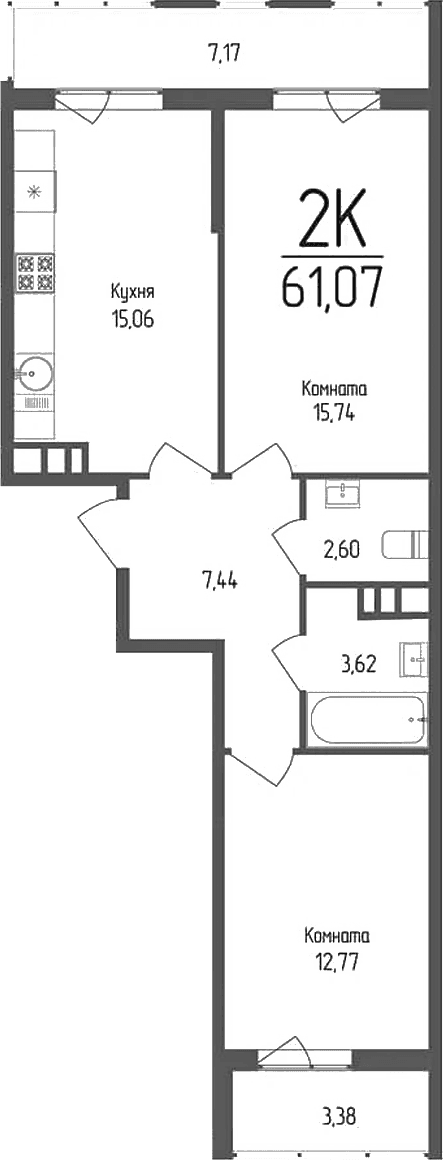 Продается 2-комн. квартира, 57.23 м²