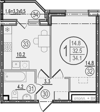 Продается 1-комн. квартира, 32.5 м²