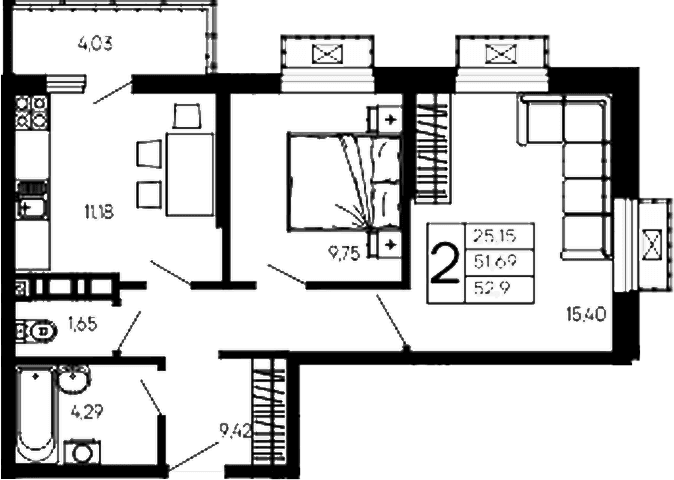 Продается 2-комн. квартира, 51.69 м²