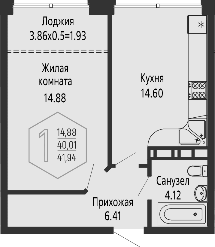 Продается 1-комн. квартира, 40.01 м²