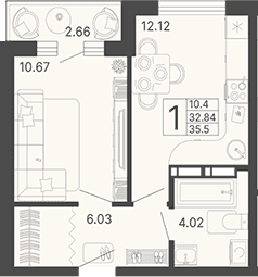 Продается 1-комн. квартира, 32.84 м²