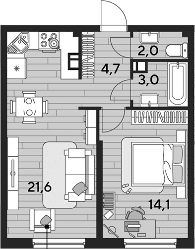 Продается 1-комн. квартира, 45.4 м²
