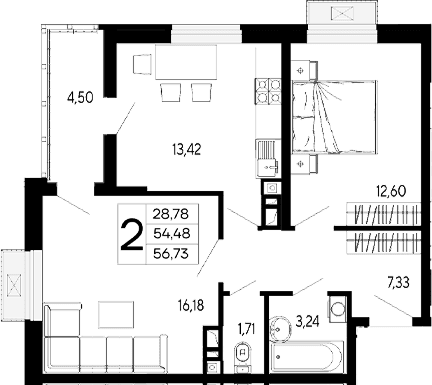 Продается 2-комн. квартира, 54.48 м²