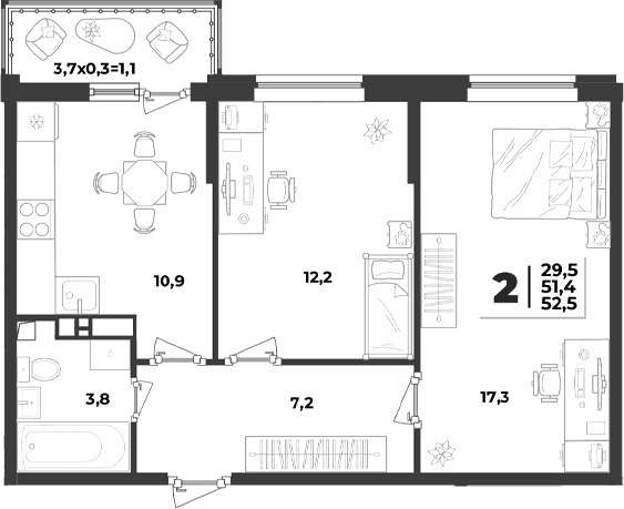 Продается 2-комн. квартира, 51.4 м²