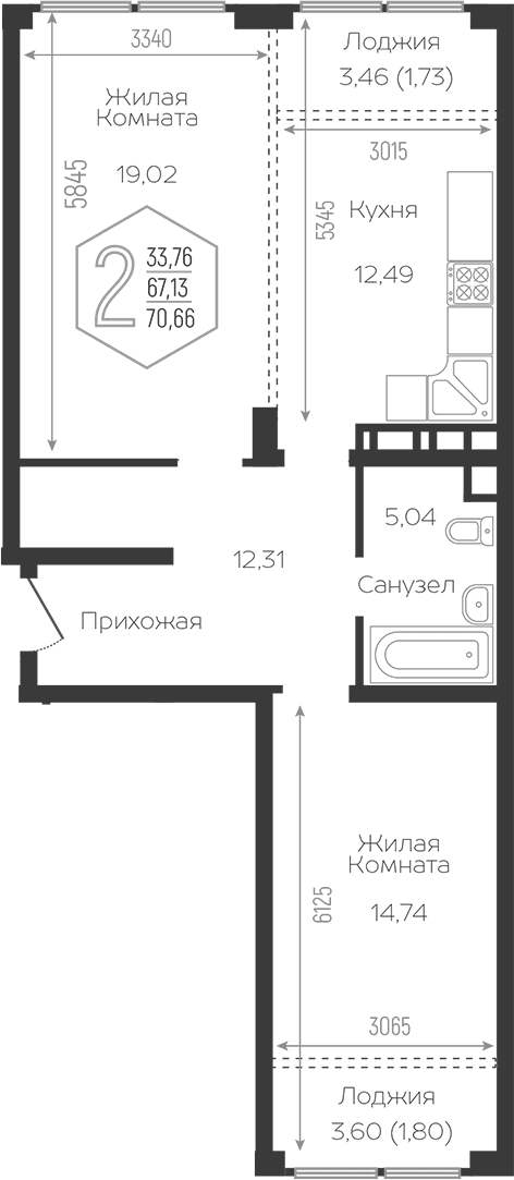 Продается 2-комн. квартира, 65.97 м²