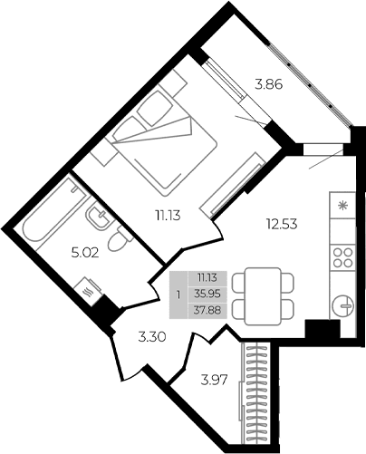 Продается 1-комн. квартира, 35.95 м²